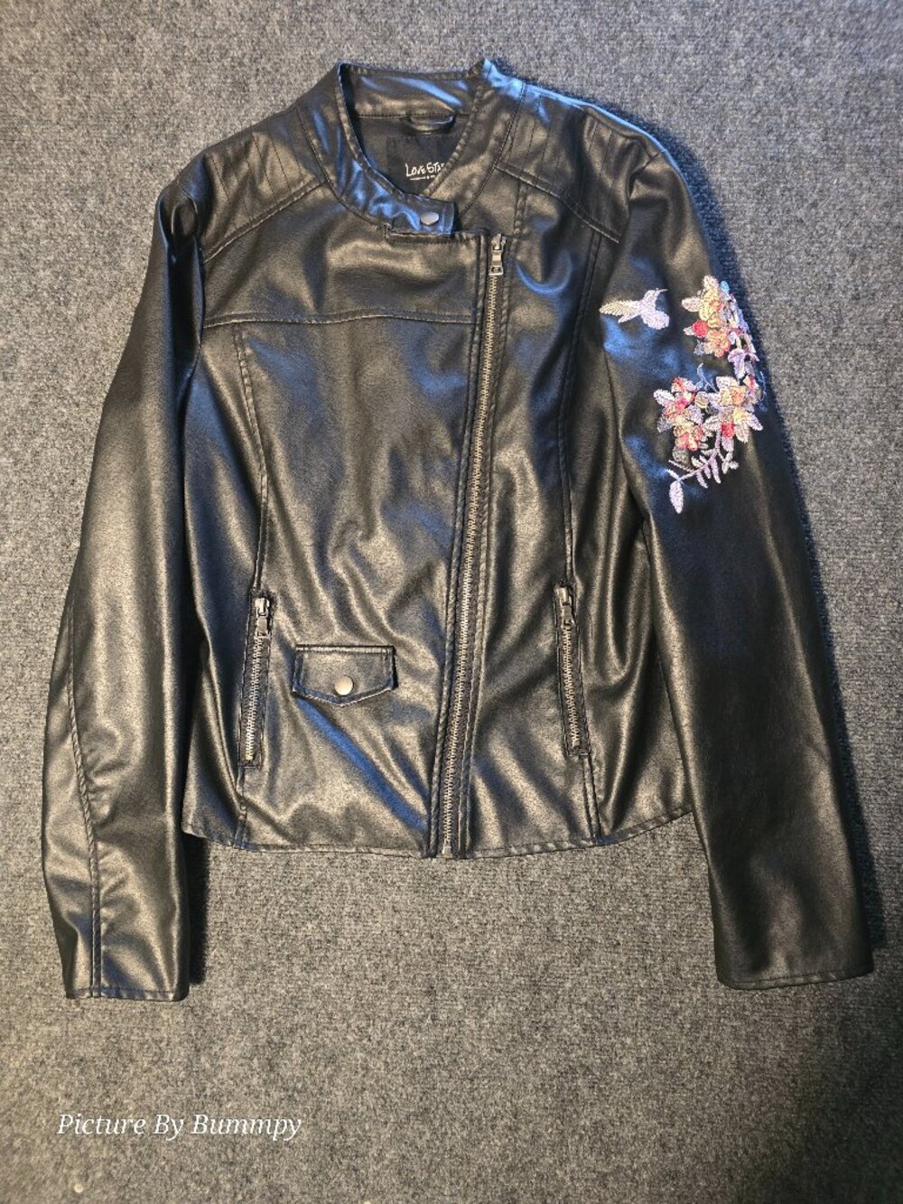 Love Star Black Faux Leather Moto Jacket M Floral Embroidered Hummingbird
